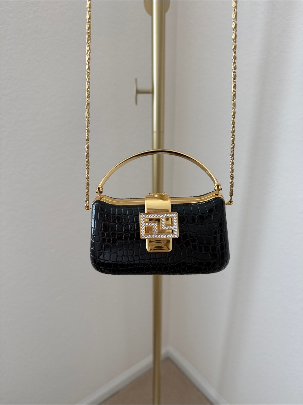 Black Croc-Embossed Mini Shoulder Bag with Gold Hardware
